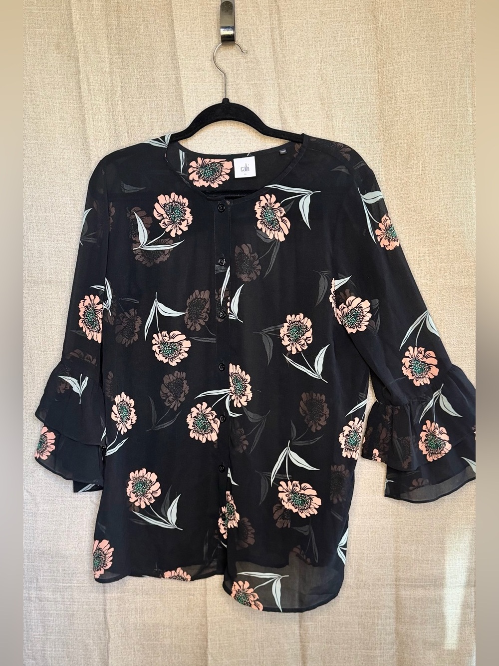 Cabi Black Floral Ruffle Sleeve Blouse